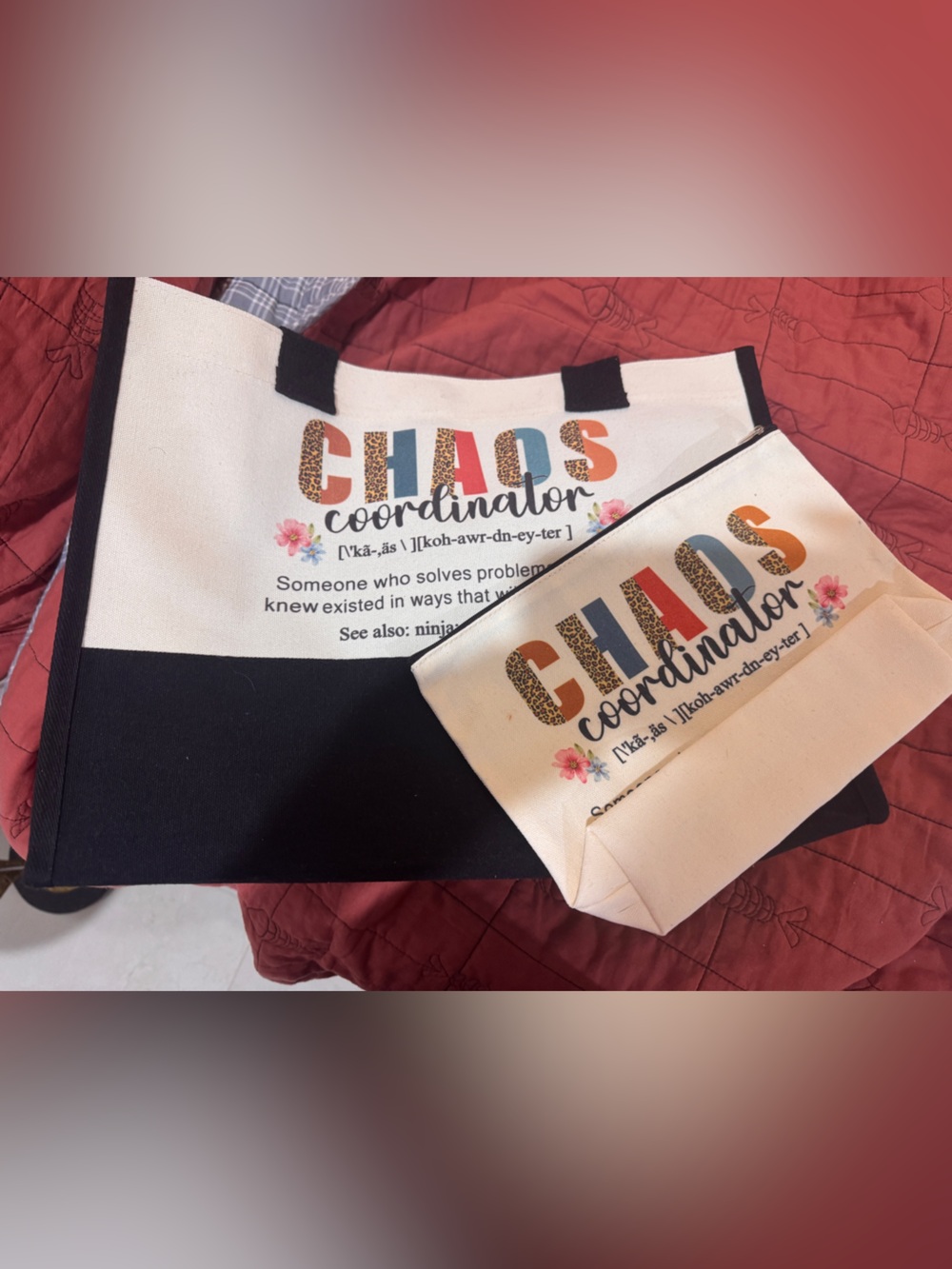 Source Unknown Canvas Tote and Pouch Set - Black and Cream with Multicolor Print